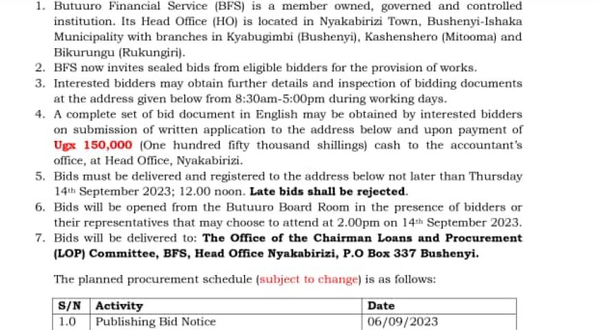 INVITATION TO BID UNDER OPEN DOMESTIC BIDDING FOR THE CONSTRUCTION OF BUTUURO FINANCIAL SERVICES’ HEAD OFFICES AT NYAKABIRIZI TOWN